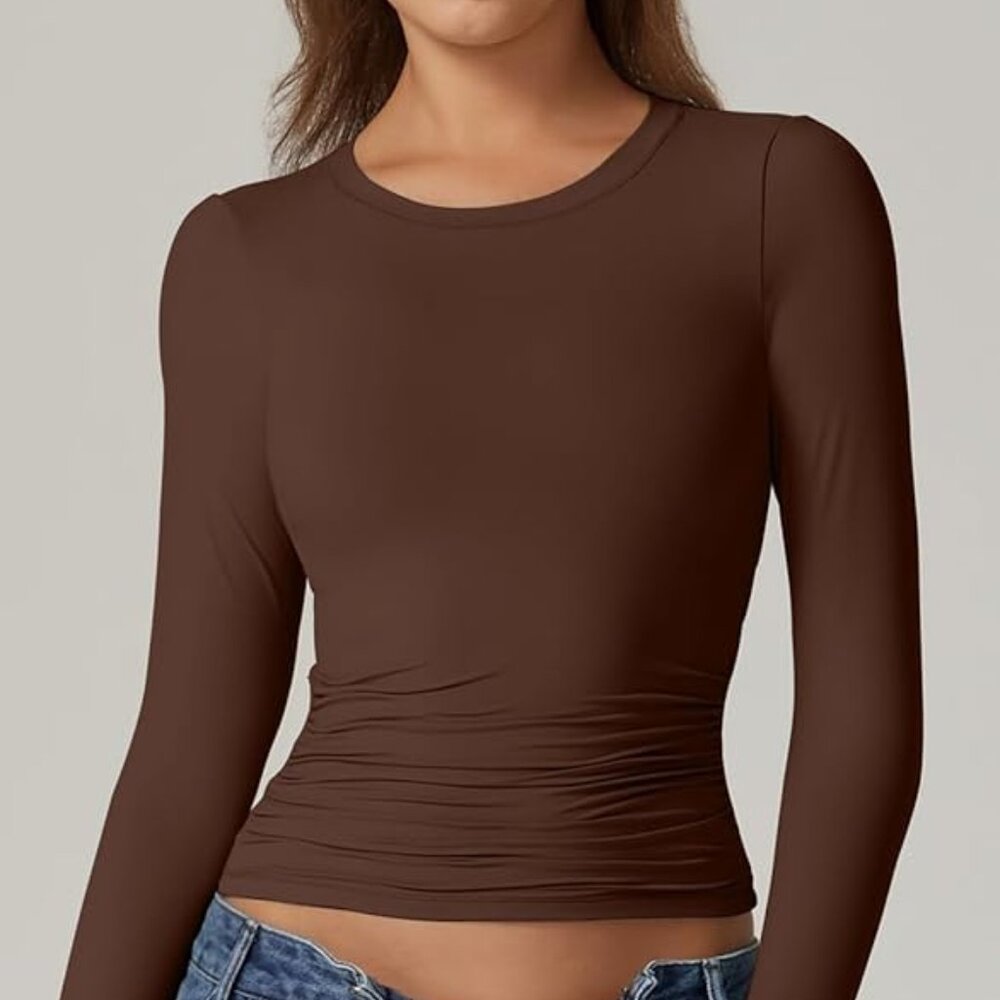 QINSEN Womens Crewneck Long Sleeve Shirt Double Lined Basic Tees Side Ruched